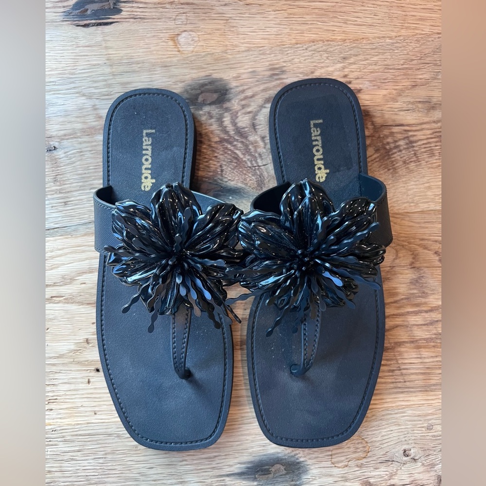 Larroude Black Jeweled Floral Thong Sandals